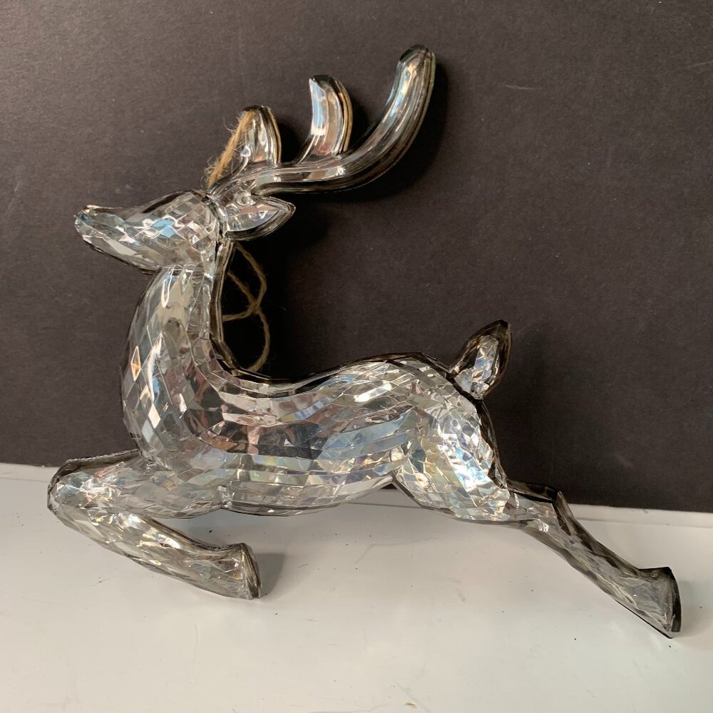 Large Glossy Silver Faceted Hard Plastic 3D Reindeer Ornament 7" x 1.5" x 6" H